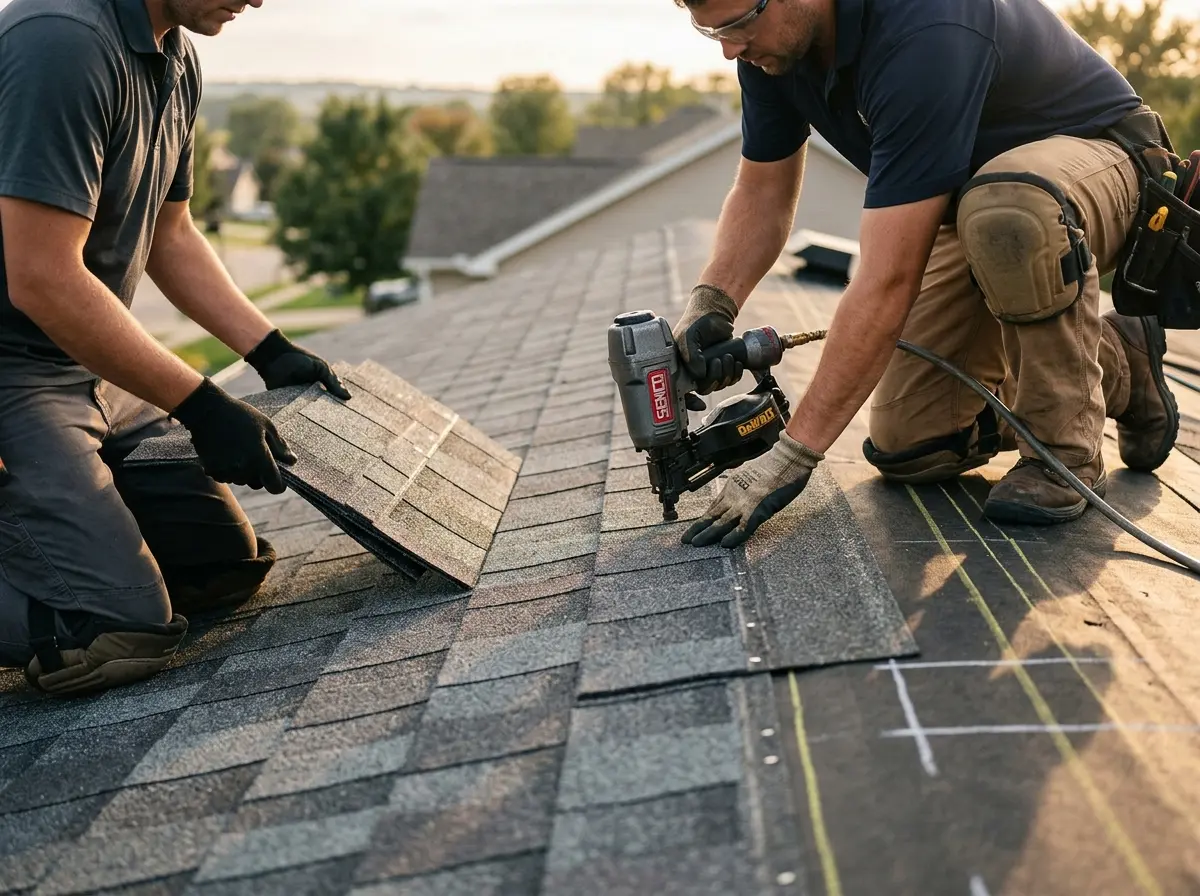 Professional roofer working on a residential roof in West Lampeter